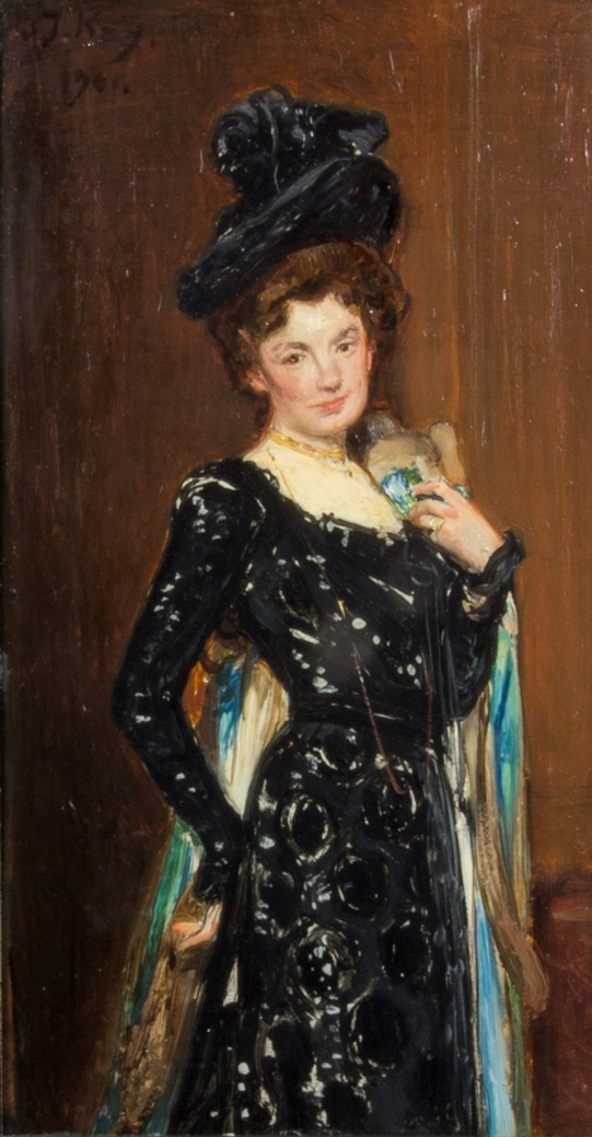 Porträttskiss, trekvartsfigur, föreställande grevinnan Blanche Bonde, f. Dickson stående. Klädd i svart klänning med lång ärm. Svart hatt och turkos cape. Mörkbrun bakgrund.