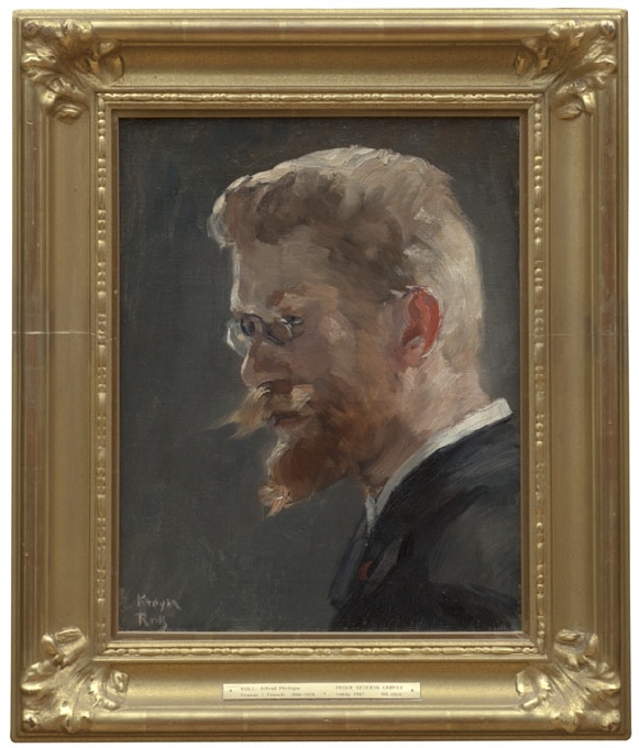 Fransmannen Alfred Roll har här avbildat den danske målaren Peder Severin Krøyer. Porträttet illustrerar de nära kontakterna mellan de skandinaviska och franska konstnärerna i 1880-talets Paris. Bilden tycks dessutom ha haft ett alldeles särskilt syfte. År 1888 utförde Krøyer ett monumentalt grupporträtt av en kommitté som arbetade med en utställning med fransk konst i Köpenhamn. Han ingick själv i denna grupp och infogade därför också sitt eget ansikte i målningen. Rolls porträtt fick här fungera som förlaga för Krøyers eget självporträtt.