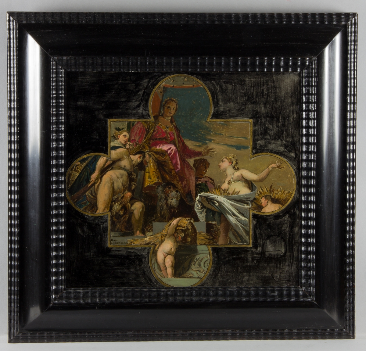 Allergorisk framställning av Venezia sittande på en tron med ett lejon vid fötterna. Hyllad av till vänster Hercules, naken, och till höger gudinnan Ceres.