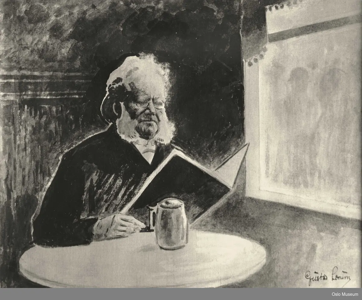 karikatur, mann
sittende ved bord, en face ,halv vendt mot venstre, leser bok emd lys fra stort vindy, krus / seidel på bordet.