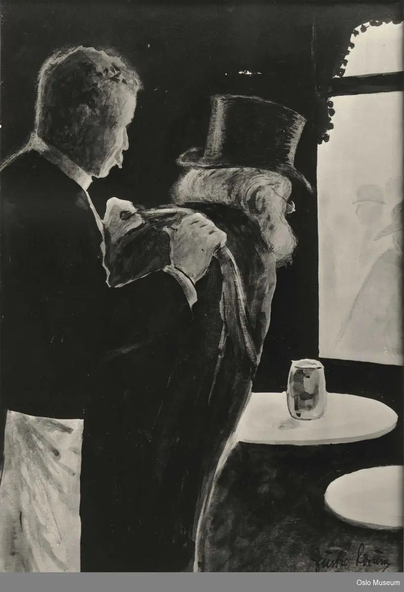 karikatur, mann
en kelner hjelper mann med frakk, bord i bakgrunnen, og mennesker skimtes gjennom store vinduer. Krus / seidel på bord.