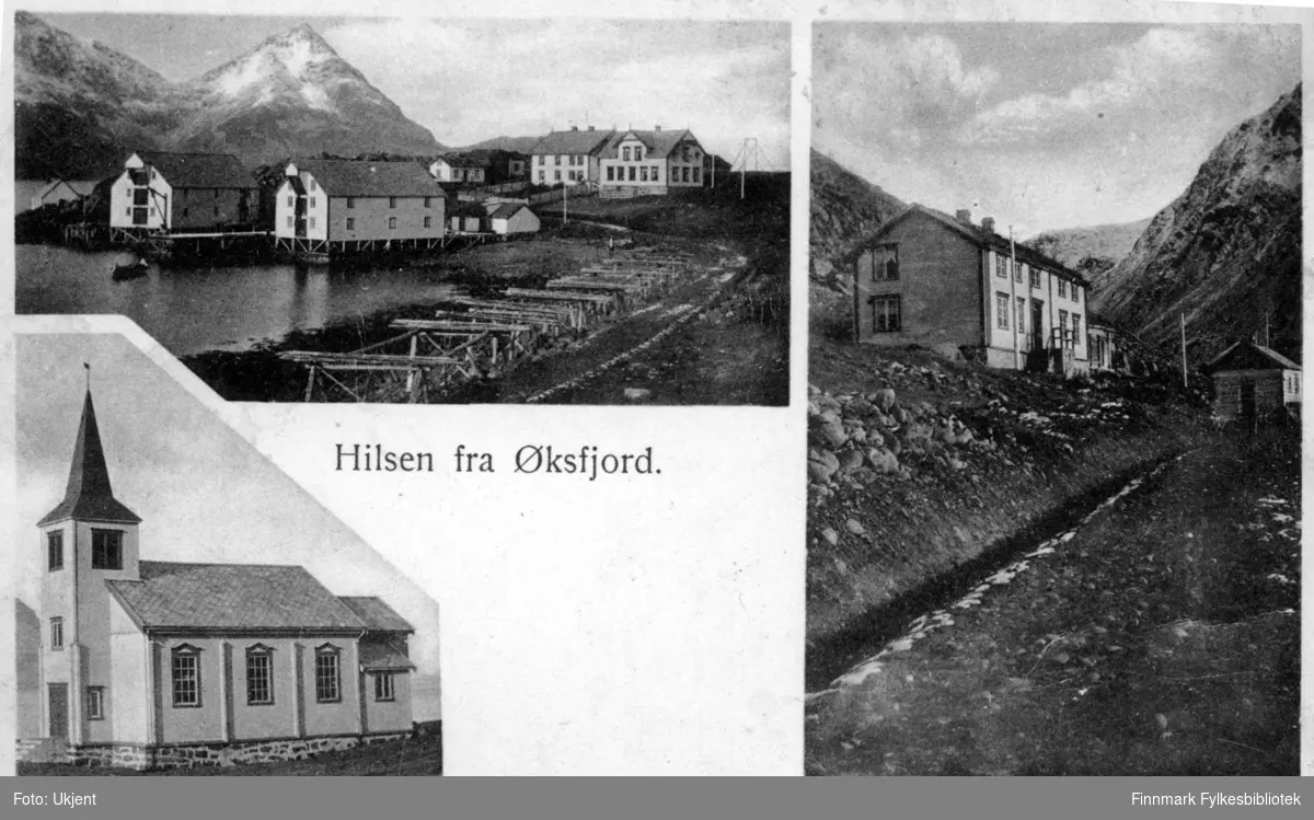 Dette er et postkort sammensatt av flere bilder fra Øksfjord. Bildet som er helt til høyre viser gammelskolen med internat før den ble revet i 1940 for å bygge nytt. Det øverste bildet til venstre viser en  disponent- eller bestyrerbolig, Gjestgiveri /hotell, driftsbygninger, og fiskehjeller langs fjæra. Det nederste bildet til venstre viser en kirke.