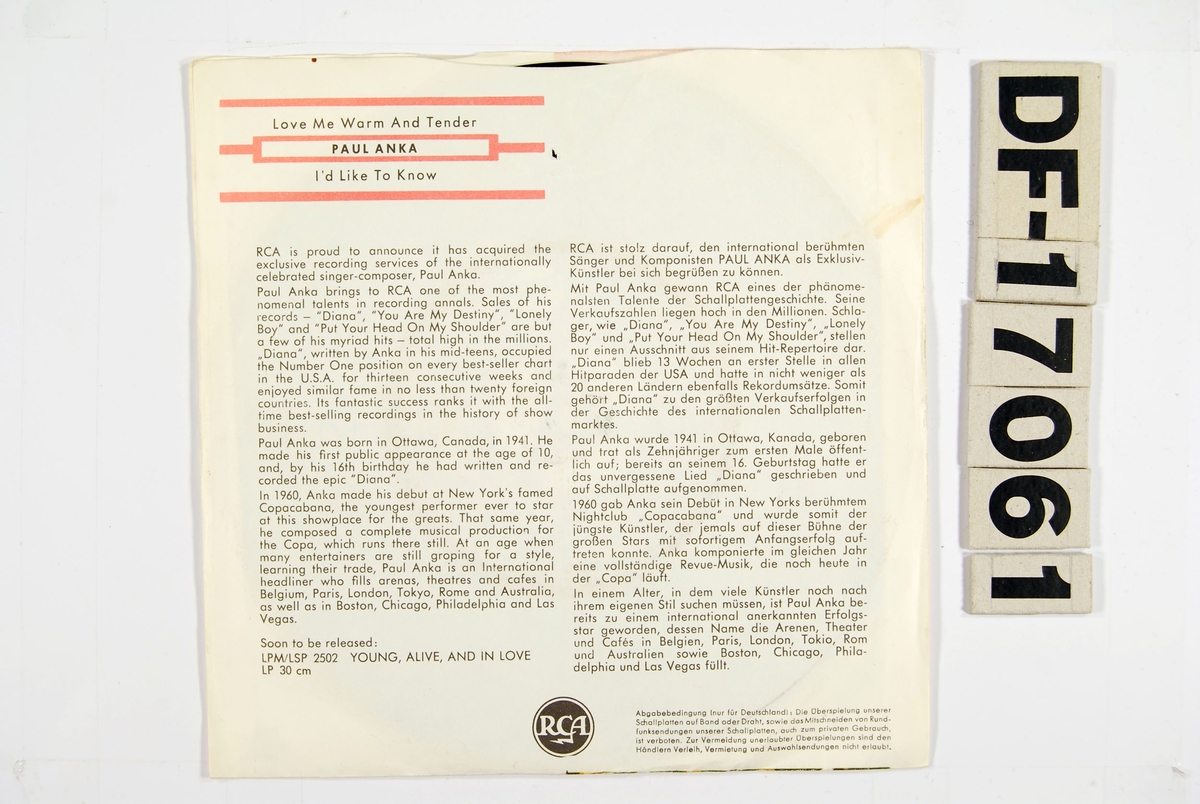 Coveret har en hvit bakgrunn med et bilde av Paul Anka på venstresiden. På baksiden står det en kort biografi om P. Anka på engelsk og tysk.