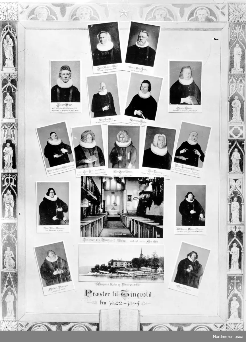 Repro av fotomontasje, som viser prester ved Tingvoll kirke, i perioden fra 1620 - 1894. Portrettbildene er montert rundt to bilder, hvor bildene viser eksteriøret og interiøret av Tingvoll kirke før restaureringen i 1920. Ukjent datering, men trolig fra før 1930- muligens så tidlig som 1894. Fra Nordmøre Museums fotosamlinger.