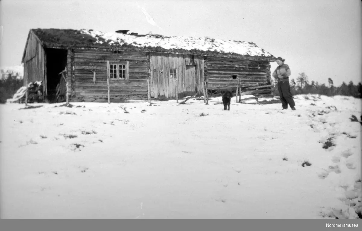 Vinterbilde av et eldre gårdshus, trolig med Kate Fasting og hennes hund i forgrunnen. Ukjent sted, men trolig i Møre og Romsdal. Se også reg. nr. KMb-1986-013.0106. Fotograf er sannsynligvis noen fra Fasting familien eller deres omgangskrets. Fotoserie. Fotografier gitt til Nordmøre Museum fra Kate og Kristian Fastings arvinger per 1986. Fra Nordmøre Museums fotosamlinger. 
