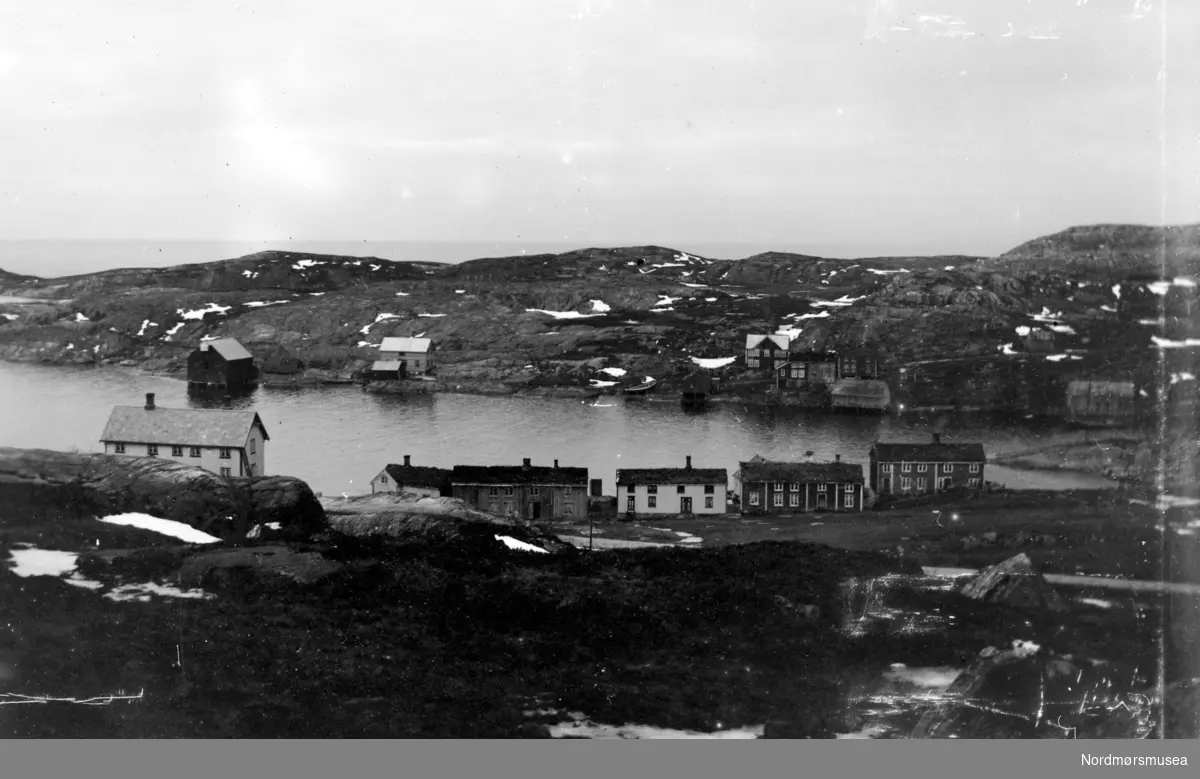 Foto av en rekke gårder og sjøhus nede ved sjøen. Det er ukjent hvor og når bildet er tatt, men det er trolig fra en plass i Møre og Romsdal og da omkring 1920 til 1939. Fra Nordmøre museums fotosamlinger. EFR2015