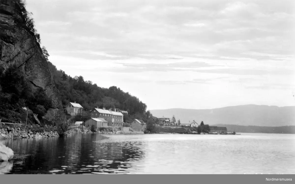 Dublett. Postkort: 736 ";Engjan på Nordmøre. Eneret G. Sverdrup 1939";. Foto fra deler av bygda Engjan i Halsa kommune, sett fra sjøsiden.  Fra Nordmøre Museums fotosamlinger. Reg: EFR
