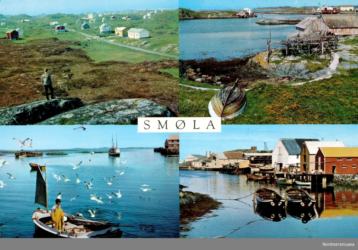 dublett. Postkort: ";Smøla"; Fire motiv fra Smøla kommune: fra bygda, fra naustene og båthavna. Fra Nordmøre museums fotosamlinger.
