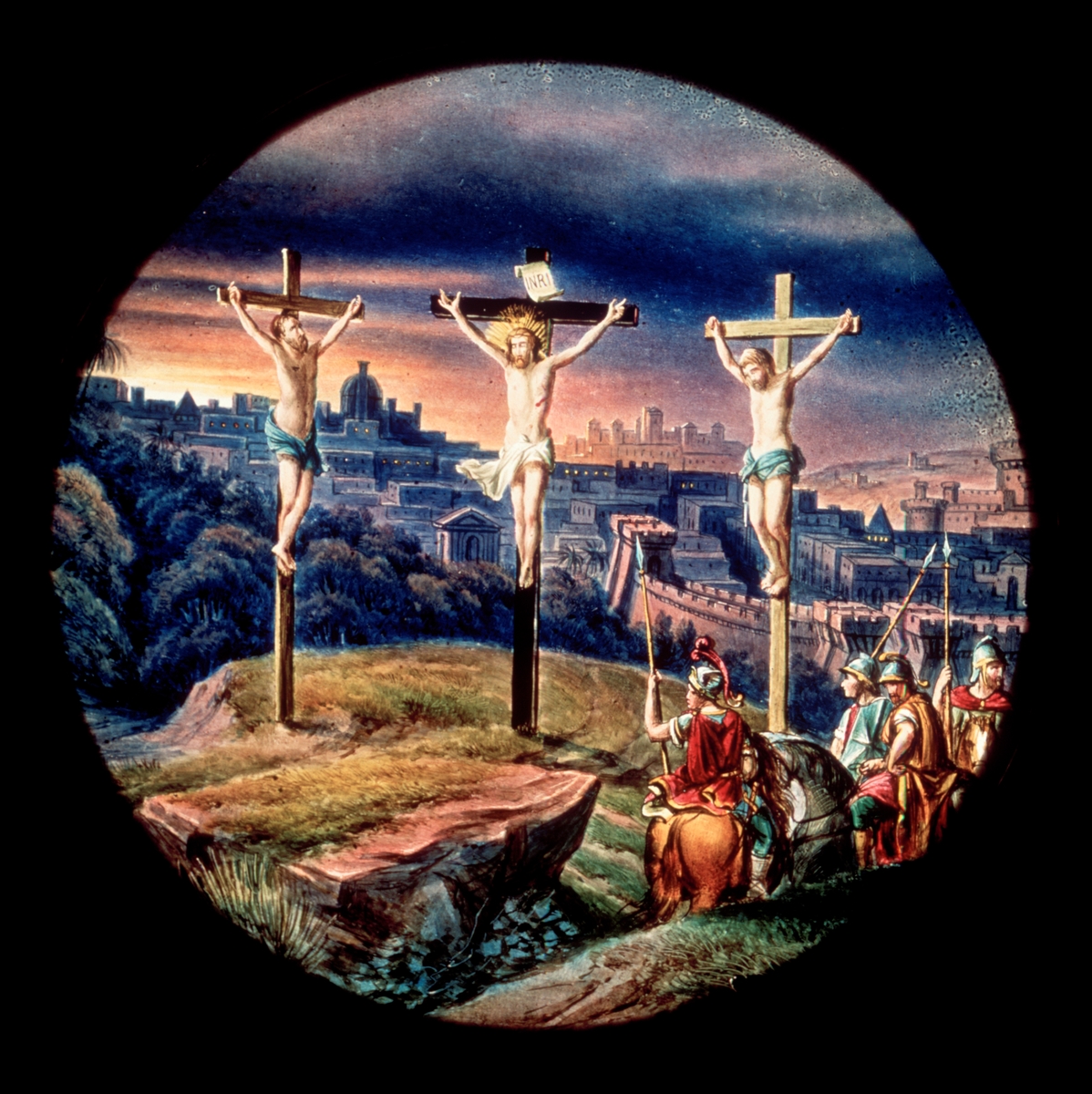 Laterna magica bild.
Handmålad bild på glas. Korsfästelsen i Jerusalem.