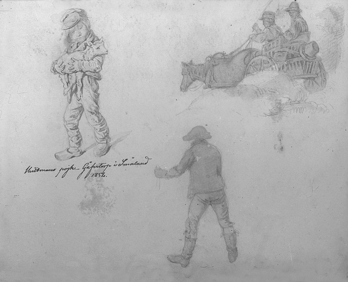 Teckning av Kilian Zoll,med text: "Hultmans pojke, Gåfvetorp i Småland, 1852."
Ett antal skissartade bilder, bl a syns en häst med vagn, en äldre man står framför en pojke som håller ett lamm.