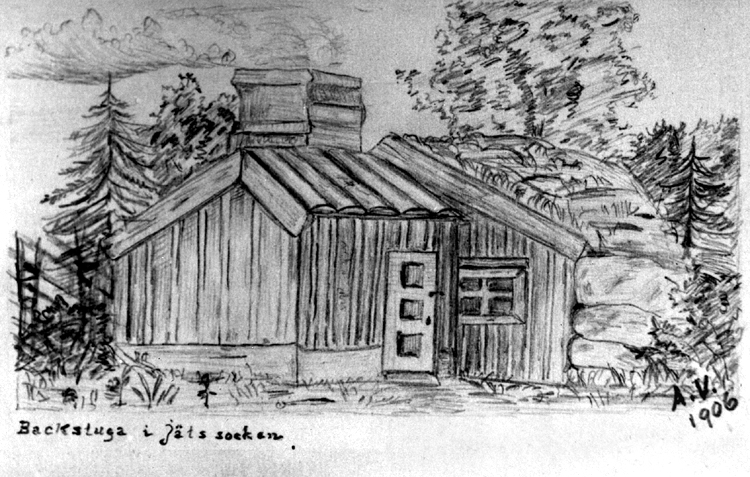 En teckning, backstuga i Jäts sn., 1906.