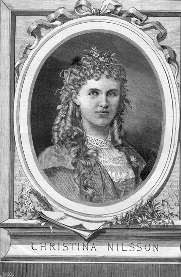 Litograferat porträtt av Christina Nilsson som Ofelia i operan "Hamlet". Hon bär klänning och stor lockfrisyr.