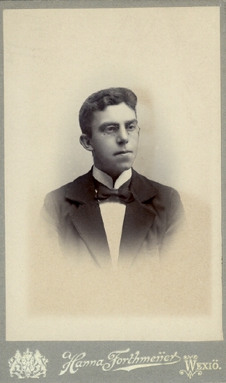 Porträtt (bröstbild, halvprofil) av en okänd ung man i pincené,
iklädd mörk kavaj, vit skjorta med stärkkrage och mörk fluga.