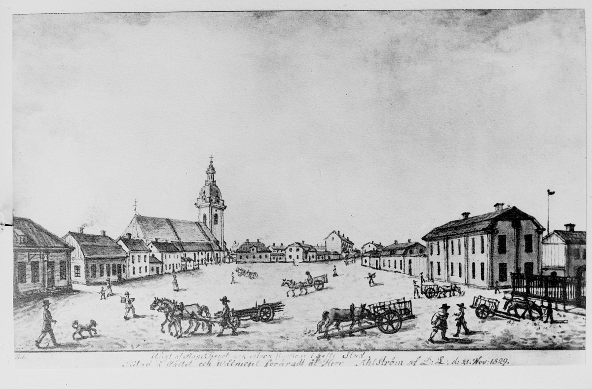 Fotograferad teckning
"Utsigt af Stapeltorget och Stora Kyrkan i Gefle Stad."
Ritad å stället och wälment förärad åt Herr Åhlström
at D:L d 21 nov. 1829




