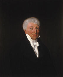 Portrett av Alexander Møller  Dr regimentkirurg, brystbilde på lerret, sort drakt med hvitt kalvekryss, kort, hvitt hår.