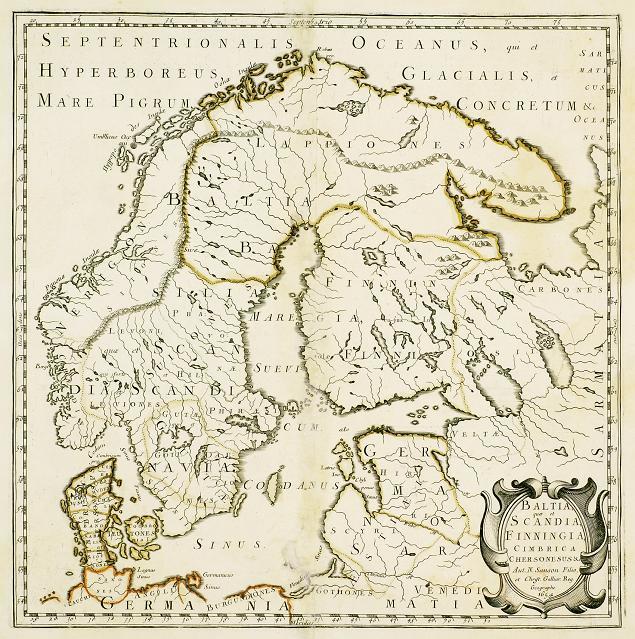Et gammelt kart viser skandinavia, finland og baltikum med andre grenser enn vi har i dag.
