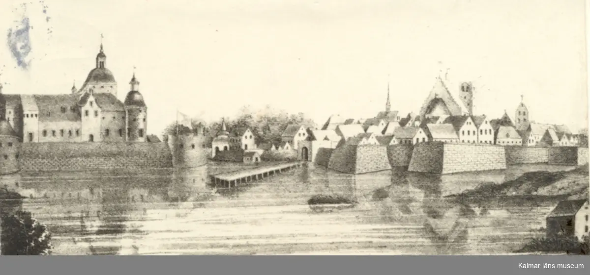 Litografi föreställande utsikt över gamla Kalmar stad 1645.