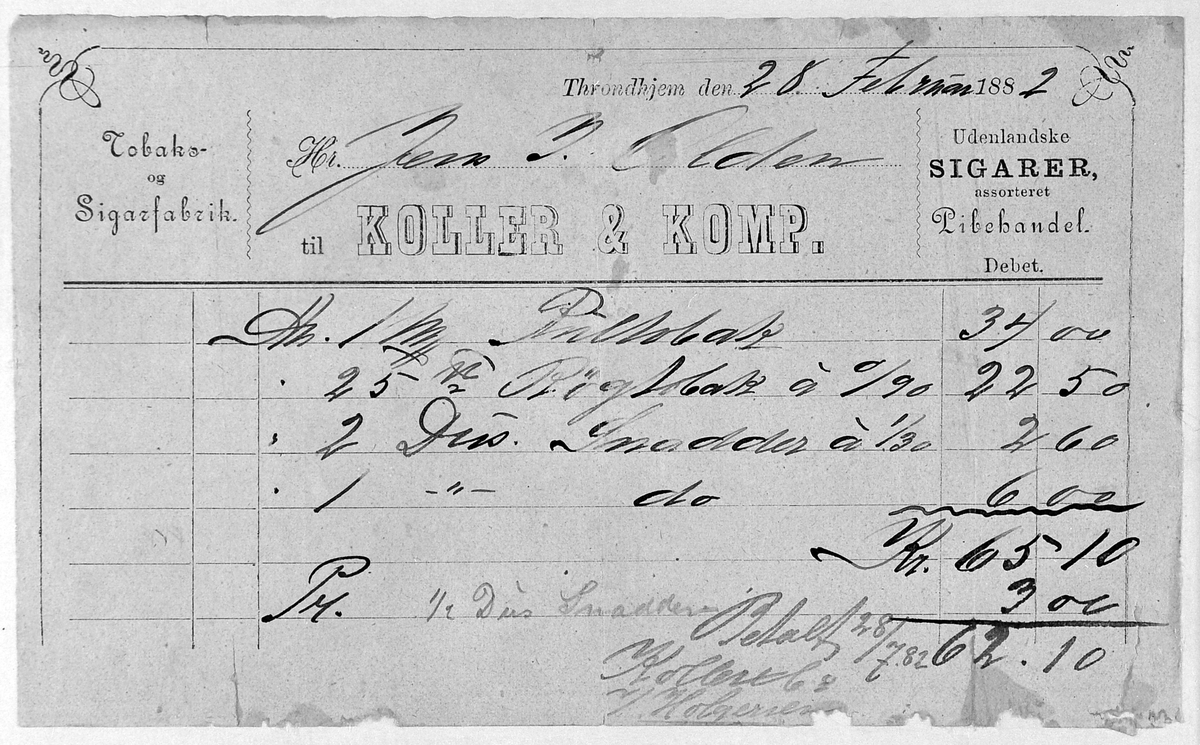 Regning på tobakk datert 28. februar 1882