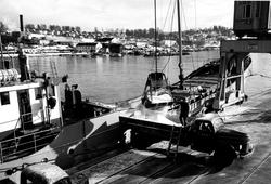 Havneområdet i Moss. Lossing fra båt til lastebil, hva? Last