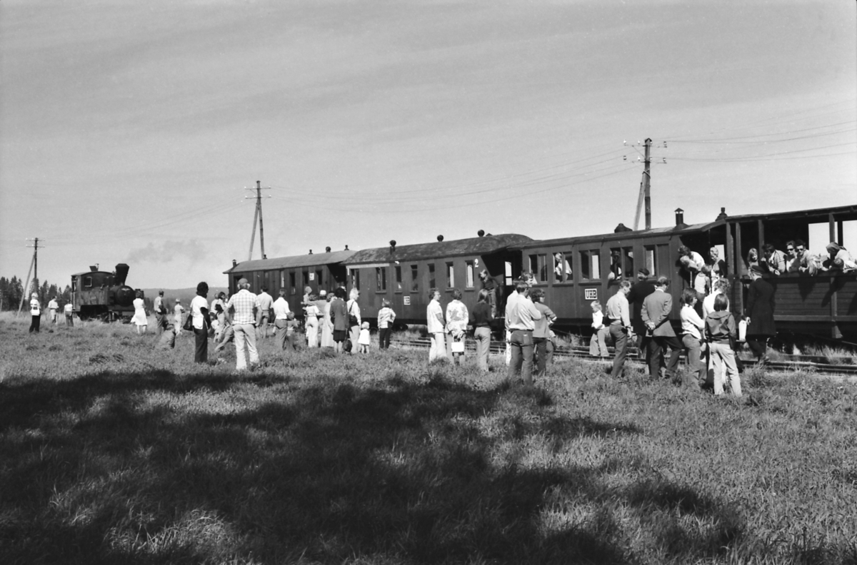 Fossum. Endestasjon for museumsjernbanen Tertitten. De reisende har gått ut av toget og ser på mens damplokomotiv nr. 4 Setskogen skiftes rundt toget.