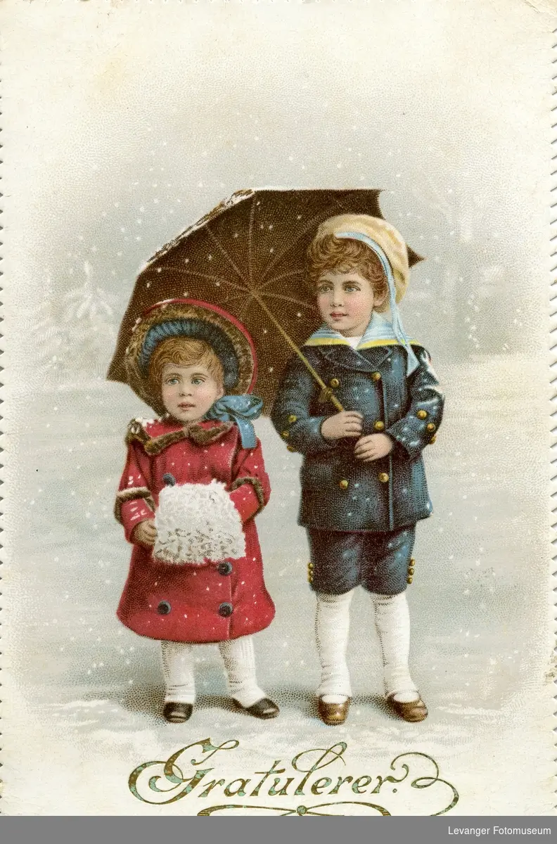 Postkort, to barn med paraply.