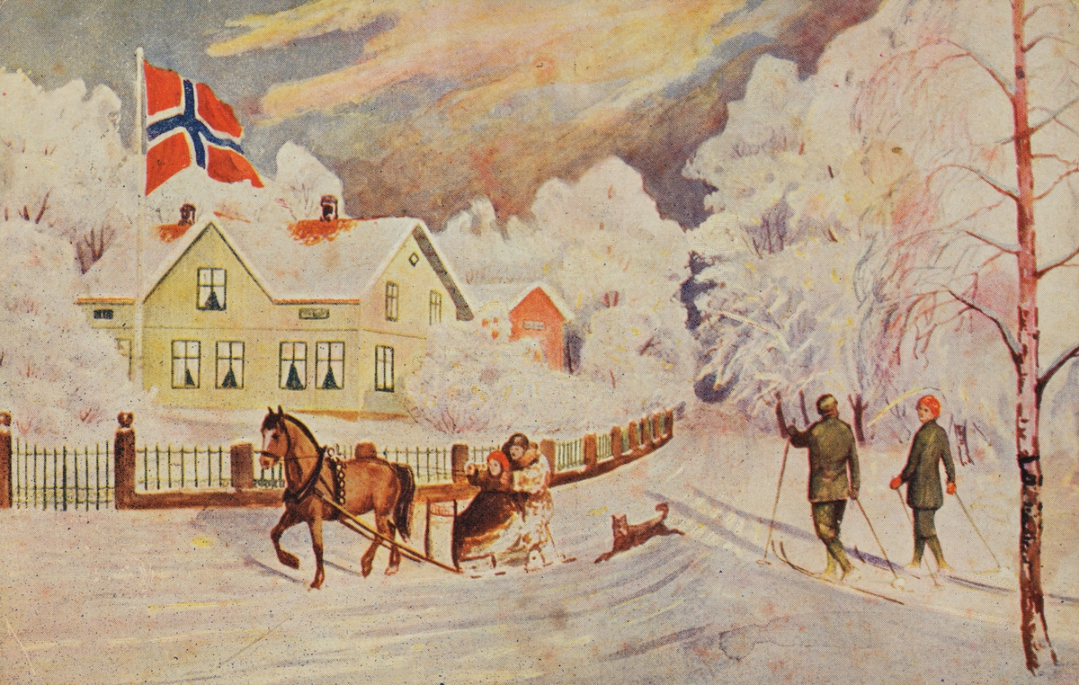 Julekort. Jule-og nyttårshilsen. Personer med hest og slede, en hund og to på ski foran en bolig med flagg. Vintermotiv. Stemplet Ryfylke 23.12.1918.