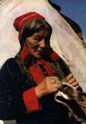 Postkort, Norsk Folkemuseum. Samekone syr i reinskinn.