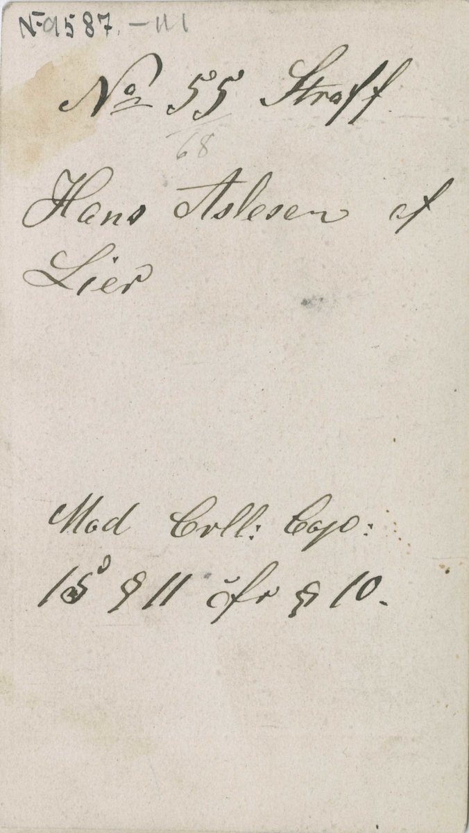 Fangeportrett. Hans Aslesen, Lier, arrestert i 1866 eller 1867, innsatt i distriktsfengslet i Hokksund for legemsfornærmelse på sakesløs.