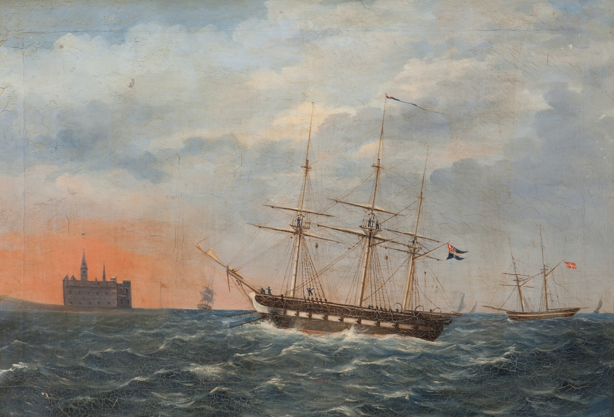 Den kungliga norska korvetten "Örnen" för ankar på Helsingörs redd den 4de Juni 1842 med Hans Kunglige Höghet Arvprins Oskar Fredrik ombord.