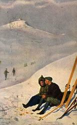 Postkort. Jule- og nyttårshilsen. Vintermotiv. Skiløpere til