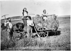 Høyonn på Garten. Borghild Pettersen (fremst), Perly Petters