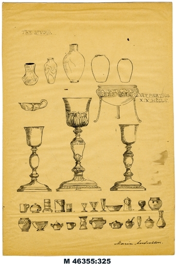Tuschteckning på tunt papper, uppfodrat på kartong. 
"The Studio". "L 'Art Pour Tous, XIX Siècle". 
Teckningar av flera olika sorters vaser, pokaler och bägare.