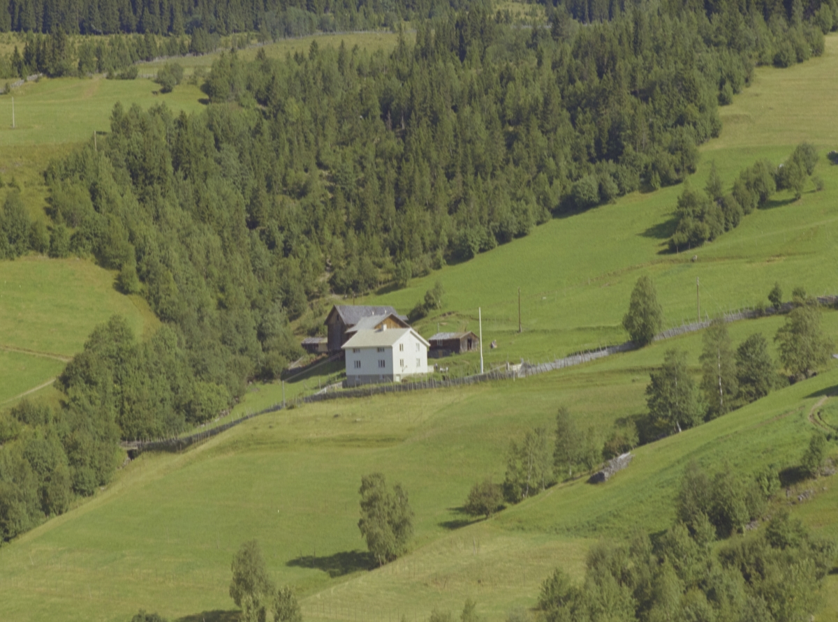 Vestre Gausdal, Olstad med Hårstad (Haarstad) nordre,  Småbruk, hvitt hovedhus, bakker, skog, eng,