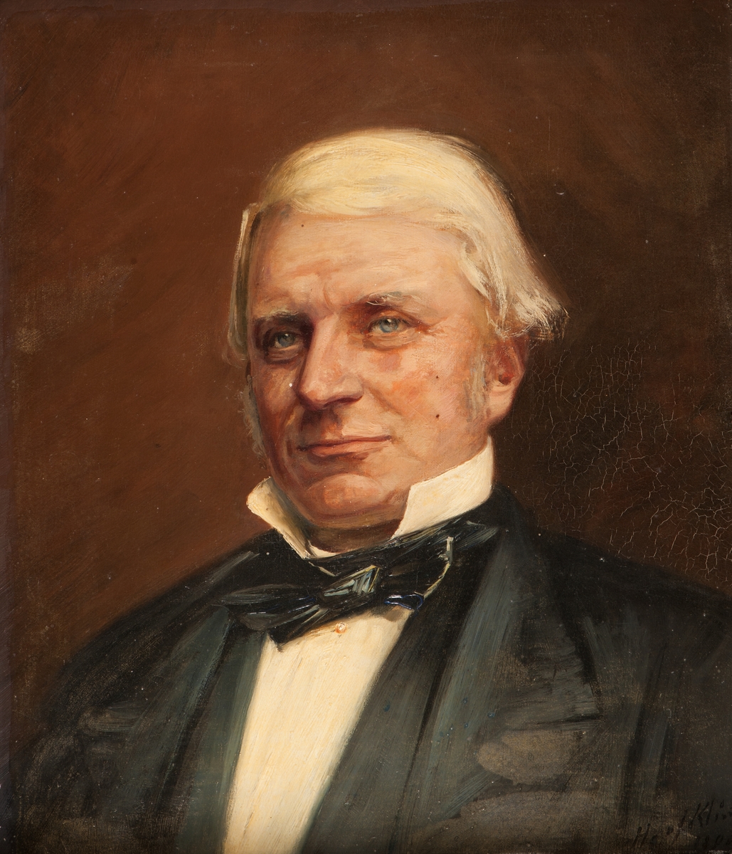 Guvernören Bror Ulrich, bröstbild enface, blå ögon och vitt hår. Svart dräkt, vit skjorta och krage med svart halsduk. Rödbrun bakgrund.