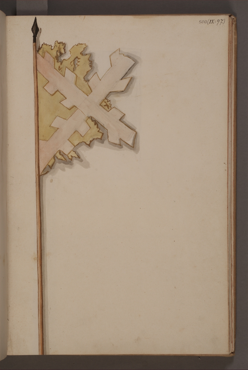 Avbildning i gouache föreställande fälttecken taget som trofé av svenska armén. Den avbildade fanan finns inte bevarad i Armémuseums.