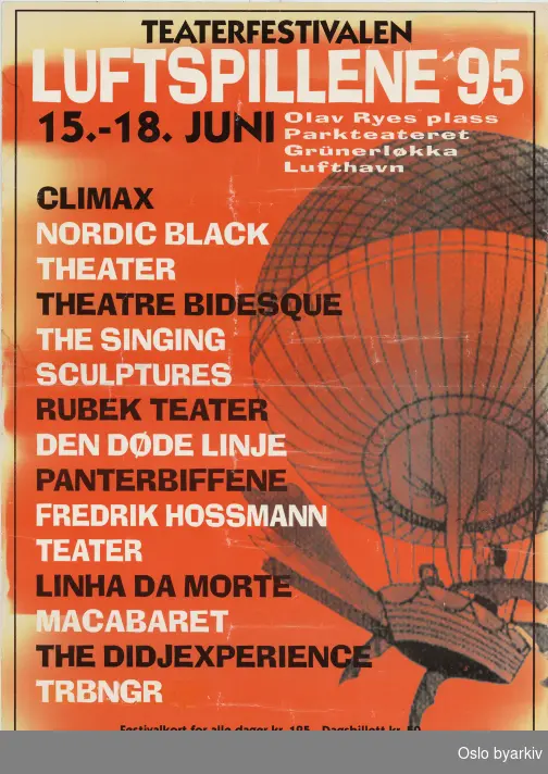 Plakat for festivalen Luftspillene '95...Oslo byarkiv har ikke rettigheter til denne plakaten. Ved bruk/bestilling ta kontakt med Nordic Black Theatre (post@nordicblacktheatre.no)