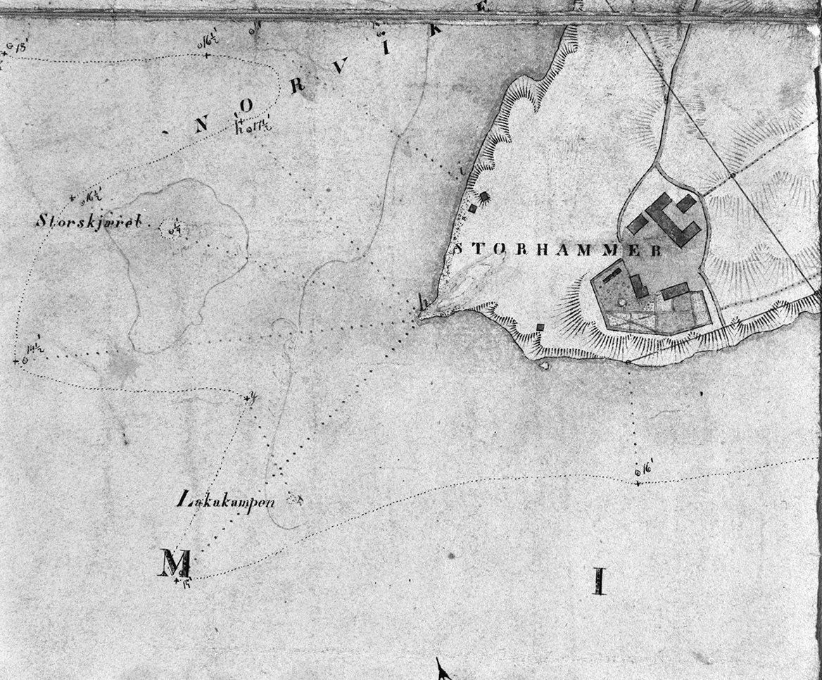 Kart, utsnitt av av Storhamar gård, Domkirkeodden, oppmålt og tegnet av Schjelderup i 1847.  Rosenlundvika, Nordviken, Lakakampen, Storskjæret.