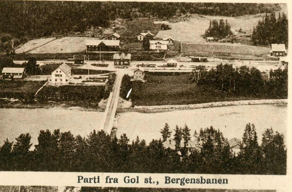 Gol Jernbanestasjon med Hesla Gård bak.
Hesla Hotel til venstre.