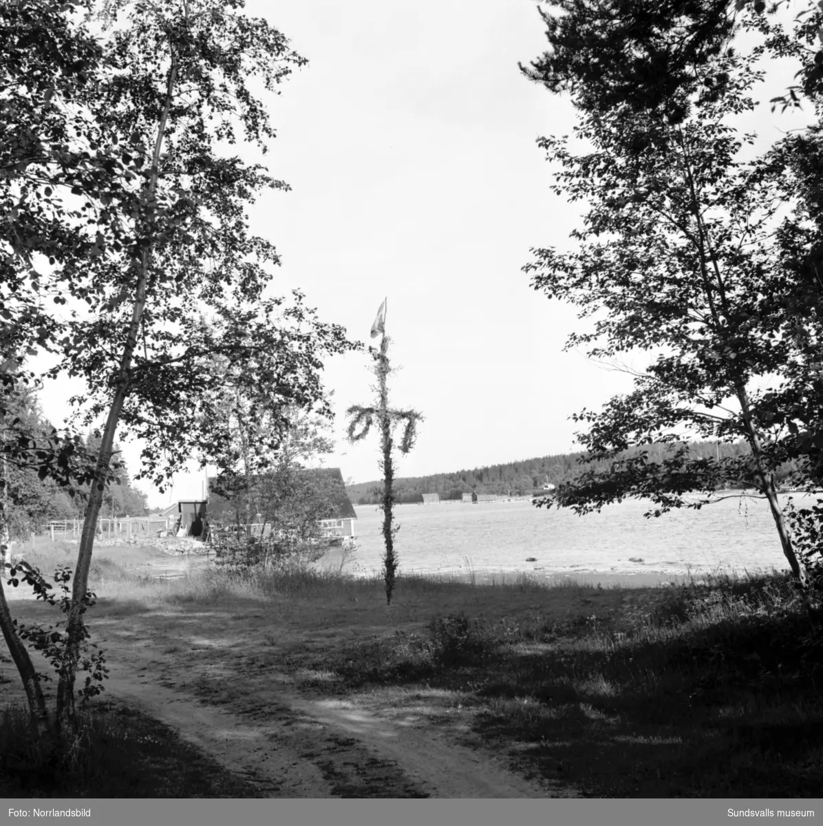 En grupp bilder från Tynderösundet. På första bilden passerar en buss den gamla bron mellan Tynderö och Åstön, två barn sitter på en brygga i förgrunden. Sjöbodar, midsommarstång och fiskebåtar.
