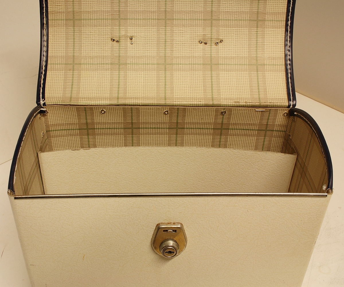 Rektangulær, stående koffert. Lokk, håndtak og lås. Innhold: "Den Store Norske Syboken" Dovre Mønster. Forfatter: Ella Lund. To holdere med mønsterark (1-21 og 22-42).