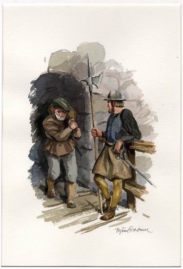Akvarellmålning på papper.
En man kommer med en säck vid porten till Kronobergs slott.