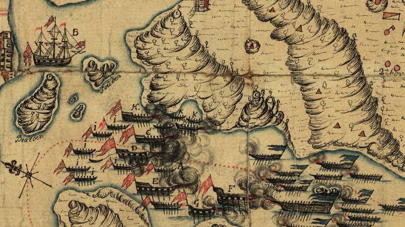 Kart fra 1718 viser et tredvetalls fartøy i sjøslag. (Foto/Photo)
