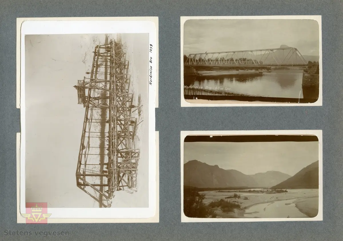 Tekst på bildet: " Nordreisa Bro - 63m spv." Nordreisa Bro ferdig bygd 1900. Fagverksbru med 63 meter spennvidde.