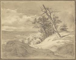Landskap med elv og dødt tre [Tegning]