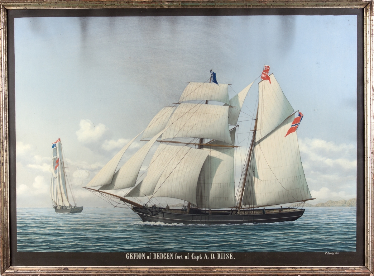 Skipsportrett av skonnert/toppseilskonnert GEFION bg. 1841 under seil. Skipet sees fra to ulike vinkler. Fører unionsflagg akter samt vimpel med  skipets navn i stormasten. Kjenningsmerke i fortoppen.
