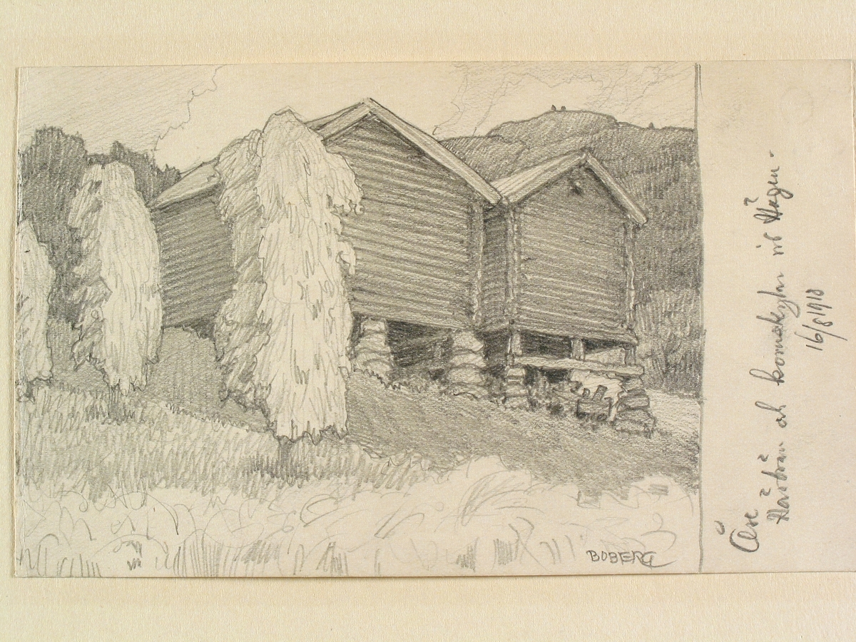 Jämtland, Åre sn., Högen. Härbren och kornskylar. Teckning av Ferdinand Boberg