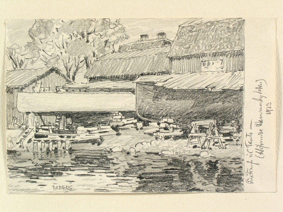 "Båtvarf vid Tanto blifvande Hammarbyleden 1923" Stockholm, Söder, Teckning av Ferdinand Boberg. Varv.