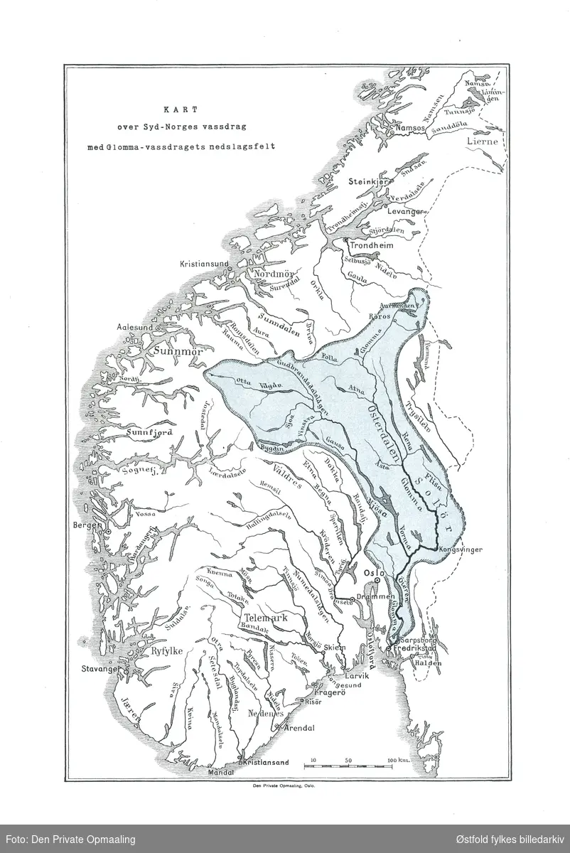 Tegnet kart fra bok med tittel: Kart over Syd-Norges vassdrag med Glomma-vassdragets nedslagsfelt.