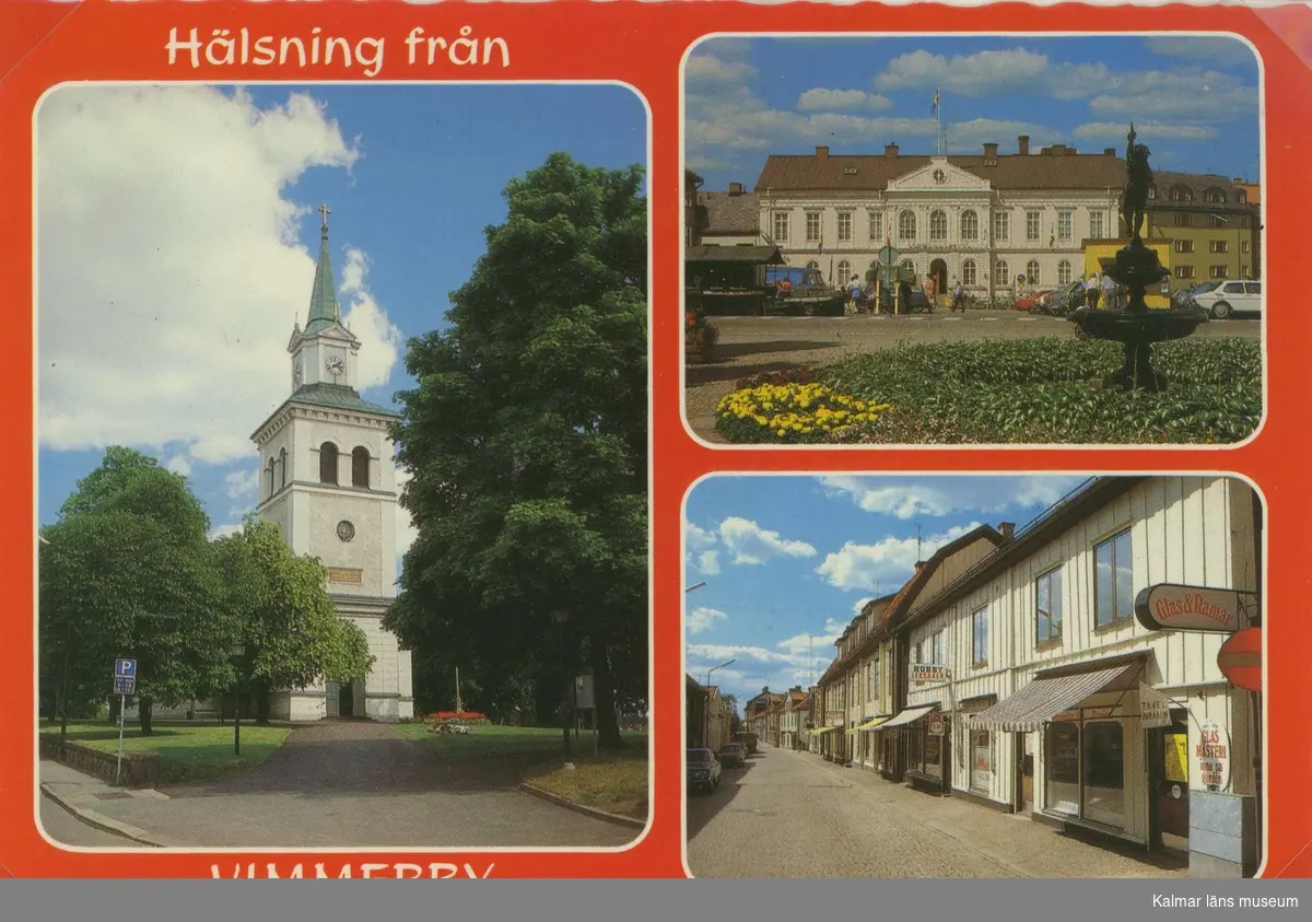 Vykort med motiv från Vimmerby med bland annat kyrkan och hotellet vid torget.