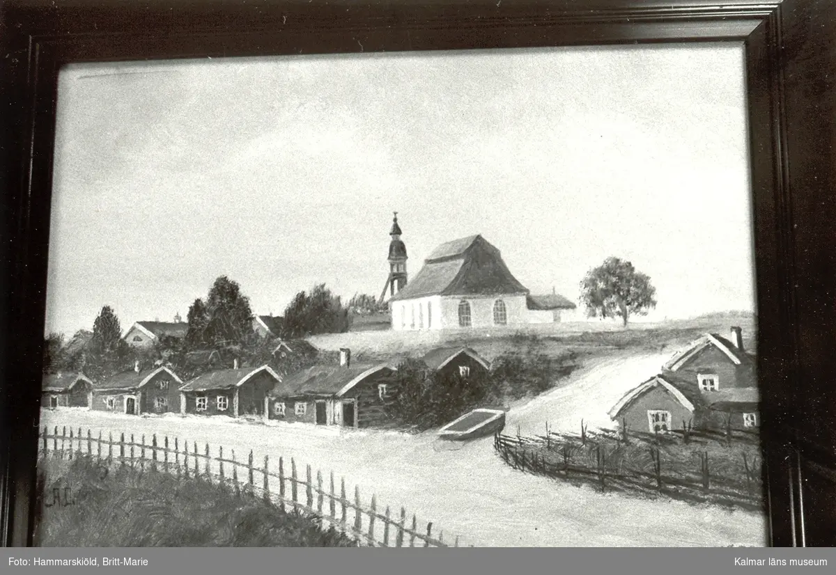 Oljemålning från 1853 över Vimmerby kyrka med omgivning.